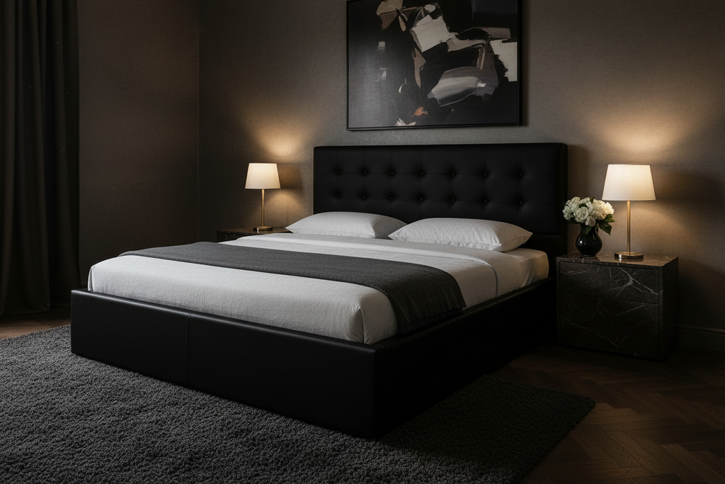 Lit cuir noir capitonné ultra luxe